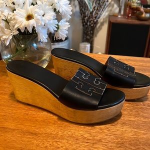 Black Tory Burch Ines Platform Wedge Slide Leather Wood